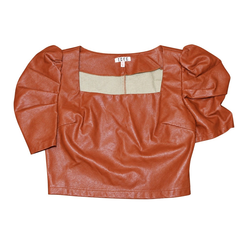 TCEC Faux Leather Puff Sleeve Square Neck Top Women Medium Brown